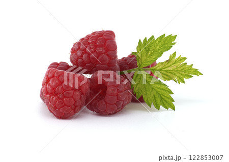 Fresh Raspberries with Green Leaf on White Background 122853007
