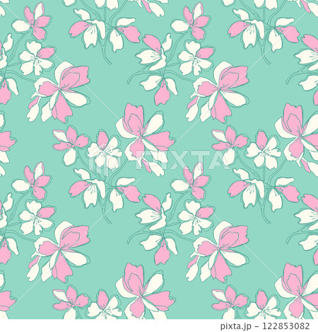 Spring vibe with pink-white flowers doodle pattern, stylized abstract sketch, on mint background. Spring vibe with pink-white flowers doodle pattern, stylized abstract sketch, on mint background. 122853082