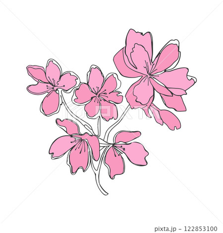 Pink Flowers doodle, stylized contour abstract drawing, summer vibe, outline sketch, isolated on white background. 122853100