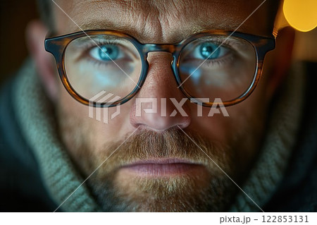 A man stares directly into the camera, his intense blue eyes and beard highlighted by soft ambient 122853131