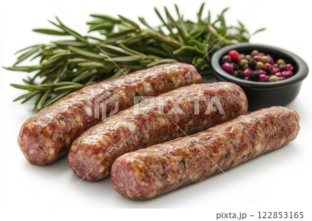 Three freshly made sausages lie next to fragrant rosemary, accompanied by a bowl of vibrant mixed 122853165