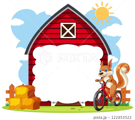 Squirrel Riding Bike Near Red Barn Squirrel Riding Bike Near Red Barn 122853522