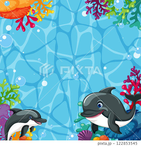 Playful Dolphins in Vibrant Coral Reef Playful Dolphins in Vibrant Coral Reef 122853545