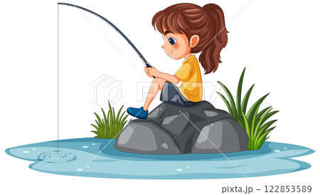 Girl Fishing by the Lakeside Girl Fishing by the Lakeside 122853589