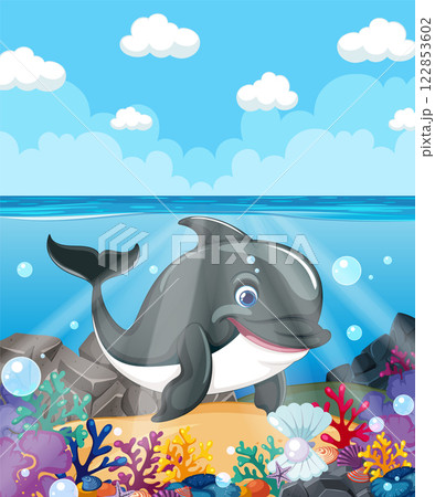 Playful Dolphin in Vibrant Coral Reef Playful Dolphin in Vibrant Coral Reef 122853602