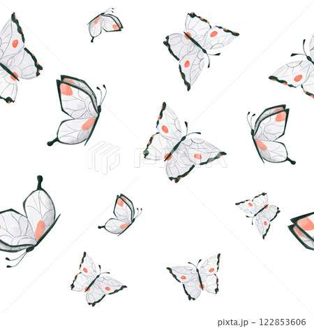 Floral Seamless Pattern with White Butterflies in Flight, Watercolor Illustration, Ready Template for Printing on Fabric, Paper, Wrapping Floral Seamless Pattern with White Butterflies in Flight, Watercolor Illustration, Ready Template for Printing on Fabric, Paper, Wrapping 122853606