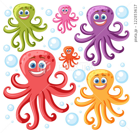 Colorful Cartoon Octopuses Underwater Colorful Cartoon Octopuses Underwater 122853617