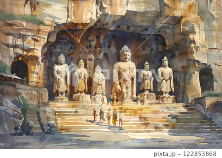 世界遺産　仏教彫刻に囲まれた雲岡石窟 122853868