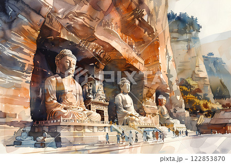 世界遺産　仏教彫刻に囲まれた雲岡石窟 122853870