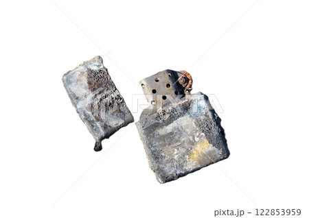 Iron old lighter with petrol isolated on white background Iron old lighter with petrol isolated on white background 122853959