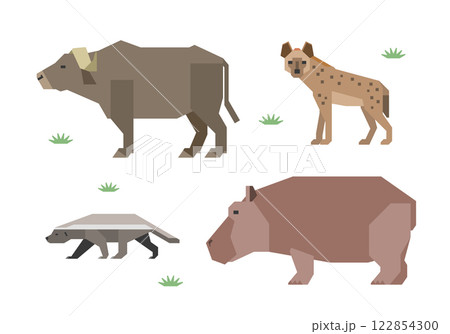 アフリカの動物イラストセット（ハイエナ、スイギュウ、カバ、ラーテル） 122854300