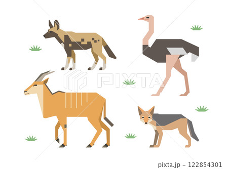 アフリカの動物イラストセット（ダチョウ、ジャッカル、リカオン、イランド） 122854301