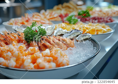 Luxury seafood buffet with oysters, shrimp, and prawns 122854645