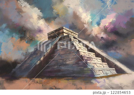 世界遺産  チチェン イッツァ遺跡  エルカスティージョ（パステル画） 122854653