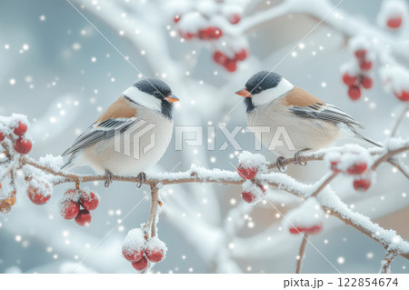 Two birds on blooming tree branch in winter Two birds on blooming tree branch in winter 122854674