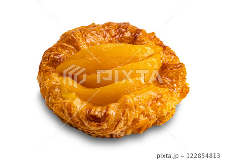 High angle view of peach danish pastry isolated on white background. 122854813