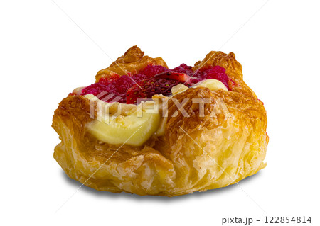 Side view of cream cheese strawberry danish isolated on white background. 122854814