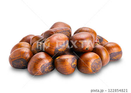 Side view pile of roasted chestnuts isolated on white background. Side view pile of roasted chestnuts isolated on white background. 122854821