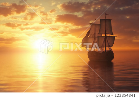 Sailing ship at sea. 122854841
