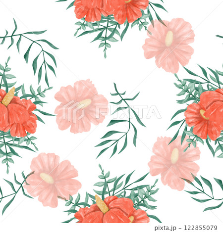 Floral Seamless Pattern with Coral Flowers and Green Leaves, Watercolor Illustration, Ready Template for Printing on Fabric, Paper, Wrapping Floral Seamless Pattern with Coral Flowers and Green Leaves, Watercolor Illustration, Ready Template for Printing on Fabric, Paper, Wrapping 122855079