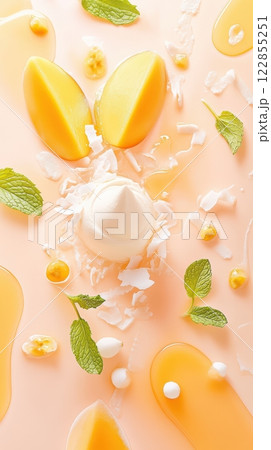 Mango mousse with coconut flakes and fresh fruit on a pastel-toned backdrop creates a light and airy dessert display Mango mousse with coconut flakes and fresh fruit on a pastel-toned backdrop creates a light and airy dessert display 122855251