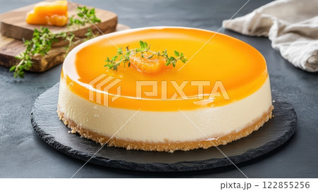 Layered fruit cheesecake with mirror glaze on slate background featuring rustic decor and soft lighting 122855256