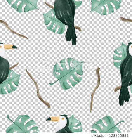 Floral Seamless Pattern with Toucan and Leaves, Watercolor Illustration, Ready Template for Printing on Fabric, Paper, Wrapping Floral Seamless Pattern with Toucan and Leaves, Watercolor Illustration, Ready Template for Printing on Fabric, Paper, Wrapping 122855321