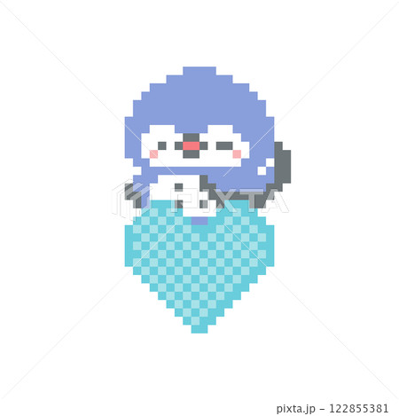 青いハートと青色フクロウのドット絵 122855381