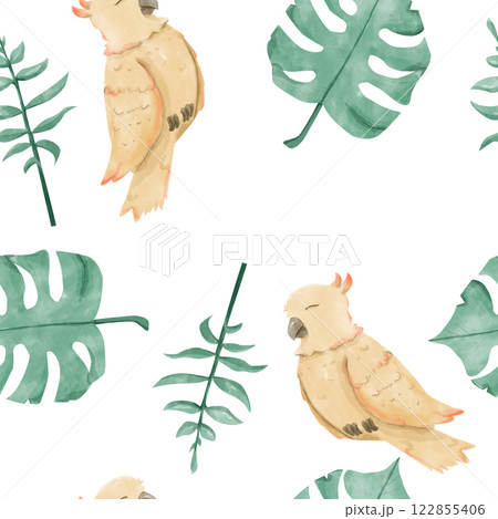 Floral Seamless Pattern with Parrots and Leaves, Watercolor Illustration, Ready Template for Printing on Fabric, Paper, Wrapping 122855406