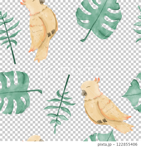 Floral Seamless Pattern with Parrots and Leaves, Watercolor Illustration, Ready Template for Printing on Fabric, Paper, Wrapping 122855406