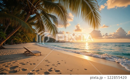 Stunning Tropical Sea Beach Sunset with Vibrant Clouds and Calm Waters. 122855420