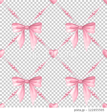 Coquette Bows, beads and hearts in pastel pink color. Isolated watercolor seamless pattern of pendants diagonally hand drawn for cutecore, romantic design, textile, wrapping and scrapbooking paper. Coquette Bows, beads and hearts in pastel pink color. Isolated watercolor seamless pattern of pendants diagonally hand drawn for cutecore, romantic design, textile, wrapping and scrapbooking paper. 122855505