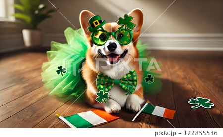 聖パトリックの日のコーギー犬とアイリッシュ旗 122855536