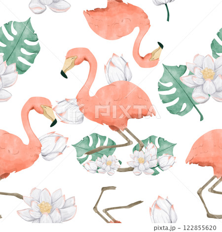 Floral Seamless Pattern with Flamingo and Lotus Flower, Watercolor Illustration, Ready Template for Printing on Fabric, Paper, Wrapping Floral Seamless Pattern with Flamingo and Lotus Flower, Watercolor Illustration, Ready Template for Printing on Fabric, Paper, Wrapping 122855620