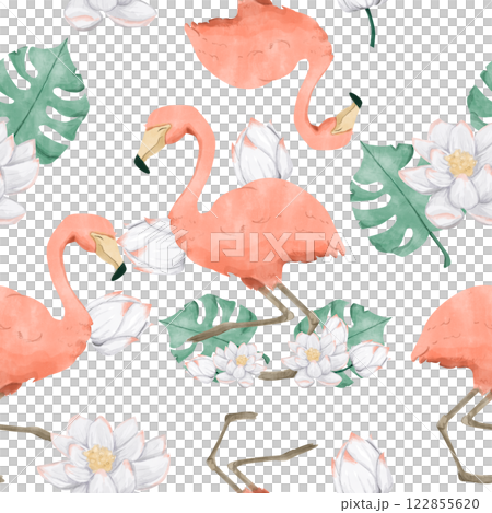 Floral Seamless Pattern with Flamingo and Lotus Flower, Watercolor Illustration, Ready Template for Printing on Fabric, Paper, Wrapping Floral Seamless Pattern with Flamingo and Lotus Flower, Watercolor Illustration, Ready Template for Printing on Fabric, Paper, Wrapping 122855620