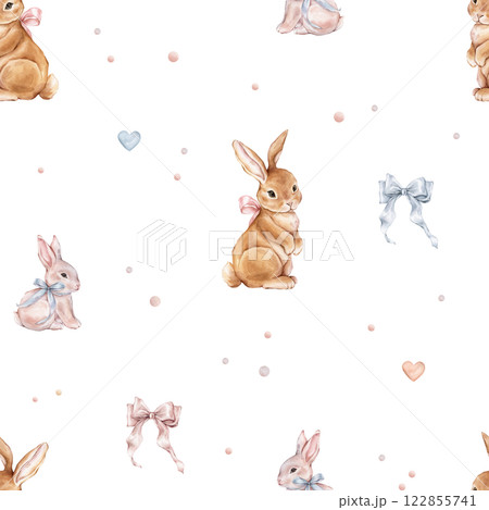 Watercolor seamless pattern with cute white rose bunny and red rabbit with blue bow and polka dots. Repeat pattern pastel color. Tender watercolor hand drawn illustration for holiday or kids design. 122855741