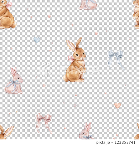 Watercolor seamless pattern with cute white rose bunny and red rabbit with blue bow and polka dots. Repeat pattern pastel color. Tender watercolor hand drawn illustration for holiday or kids design. Watercolor seamless pattern with cute white rose bunny and red rabbit with blue bow and polka dots. Repeat pattern pastel color. Tender watercolor hand drawn illustration for holiday or kids design. 122855741