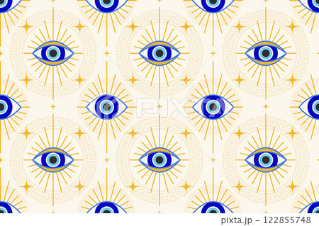 Evil eye seamless pattern. Turkish vector background with blue beads and magic nazar. Mystic Greek amulet is the symbol of protection and luck. Arabic and Mediterranean ethnic wallpaper Evil eye seamless pattern. Turkish vector background with blue beads and magic nazar. Mystic Greek amulet is the symbol of protection and luck. Arabic and Mediterranean ethnic wallpaper 122855748