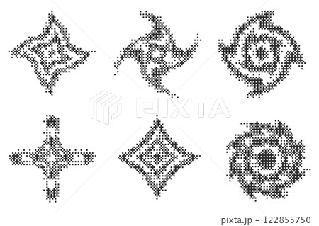 Pixel pattern shapes. Textured star with bitmap Y2k dither gradient. Retro vector cosmic element with old computer game graphic effect. Halftone grunge illustration 122855750