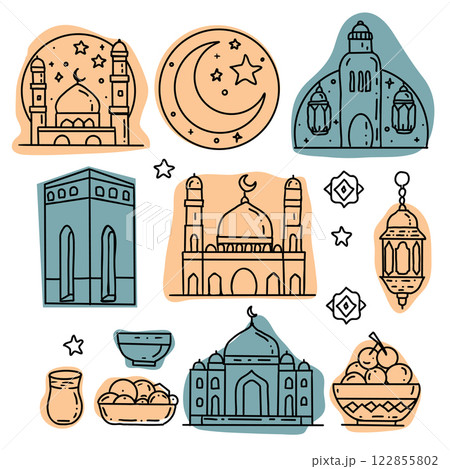 Hand drawn vector sketch set for Ramadan holiday. Hand drawn vector sketch set for Ramadan holiday. 122855802