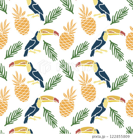 Vector seamless pattern. A tropical scene with a bird and a pineapple. 122855809