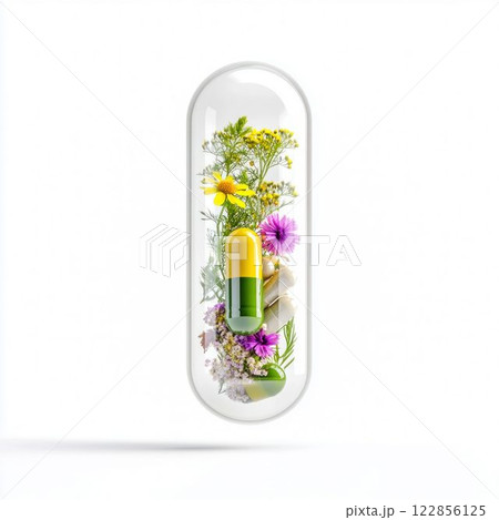 Capsule Filled with Flowers and Pills Isolated on White 122856125