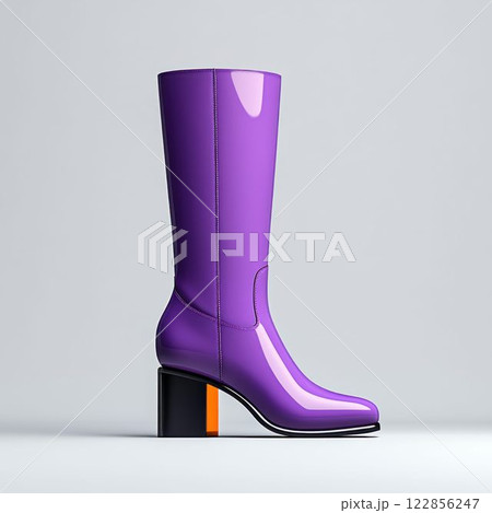 Glossy Purple High-Heeled Boots with Colorful Accents 122856247