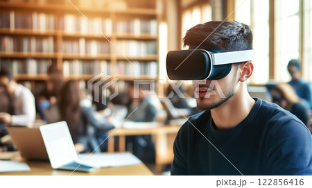 A kid boy learns online using futuristic technology. The concept of the integration of advanced digital tools in education, and learning experiences for the future generation. Generative AI. 122856416