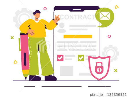 Smart Contract Vector Illustration featuring an Electronic Contract, Digital Document, and Online User Agreement with a Secure Digital Signature Smart Contract Vector Illustration featuring an Electronic Contract, Digital Document, and Online User Agreement with a Secure Digital Signature 122856521