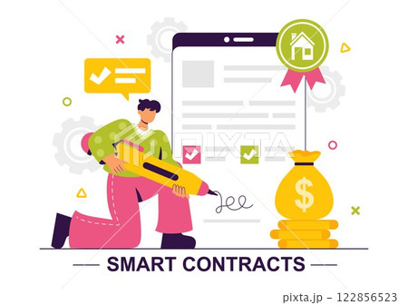 Smart Contract Vector Illustration featuring an Electronic Contract, Digital Document, and Online User Agreement with a Secure Digital Signature 122856523