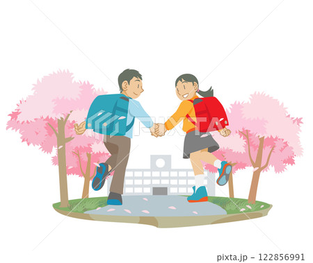 桜並木を登校する小学生の子どもたち 122856991