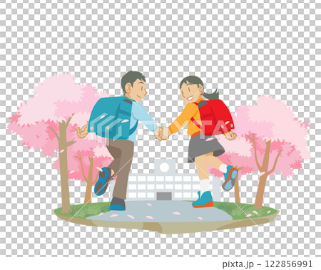 桜並木を登校する小学生の子どもたち 122856991