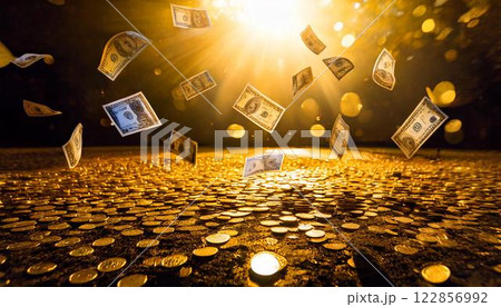 ひらひらと舞うお金の背景 122856992