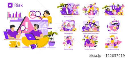 Risk concept. An exploration of risk management through various stages like assessment, mitigation, and decision-making. Engaging focus on analyzing risks and achieving success. Vector illustration. Risk concept. An exploration of risk management through various stages like assessment, mitigation, and decision-making. Engaging focus on analyzing risks and achieving success. Vector illustration. 122857019